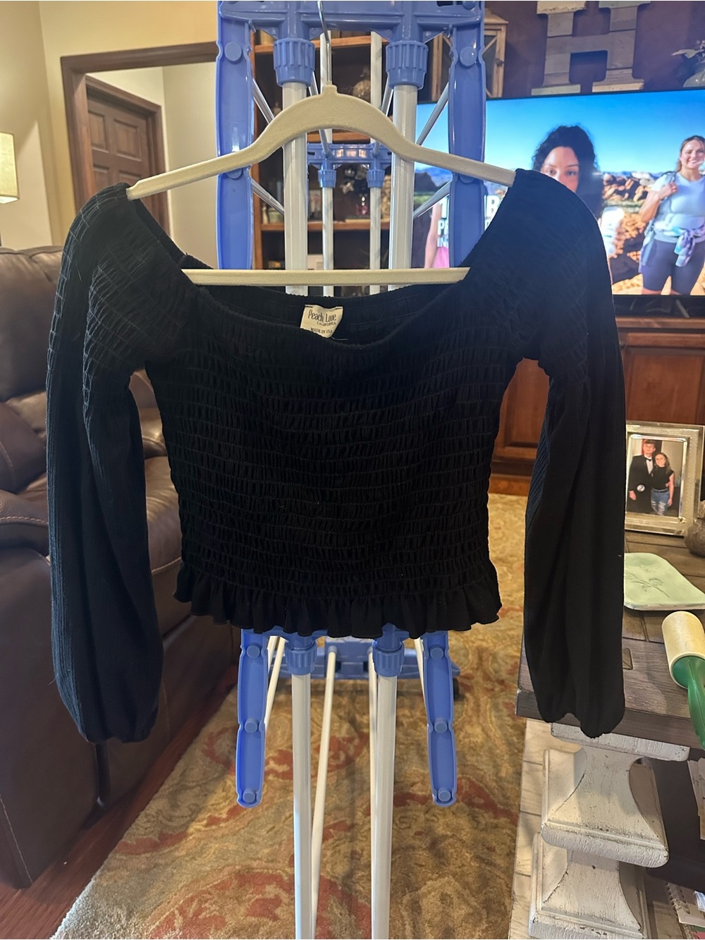 Peach Love California Black Smocked Long Sleeve Crop Top
